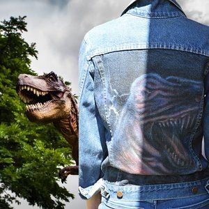 Hand Painted T Rex Dinosaur Jean Jacket, Boys Large, Women's XS